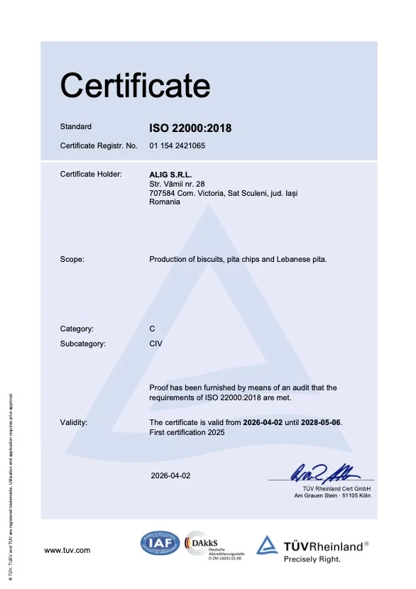 ISO 22000:2018 certificate Colibri - ALIG SRL