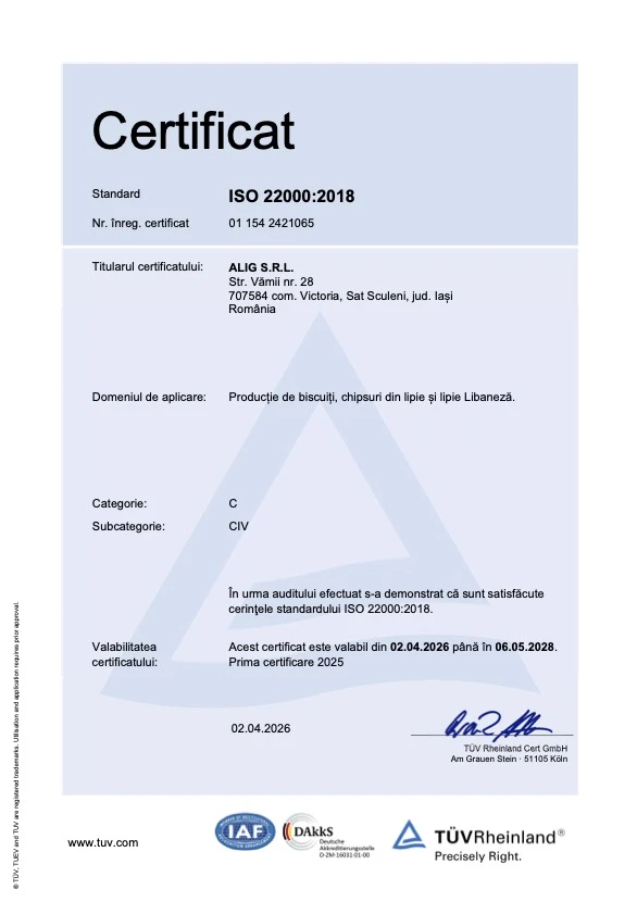 Certificat ISO 22000:2018 Colibri - ALIG SRL