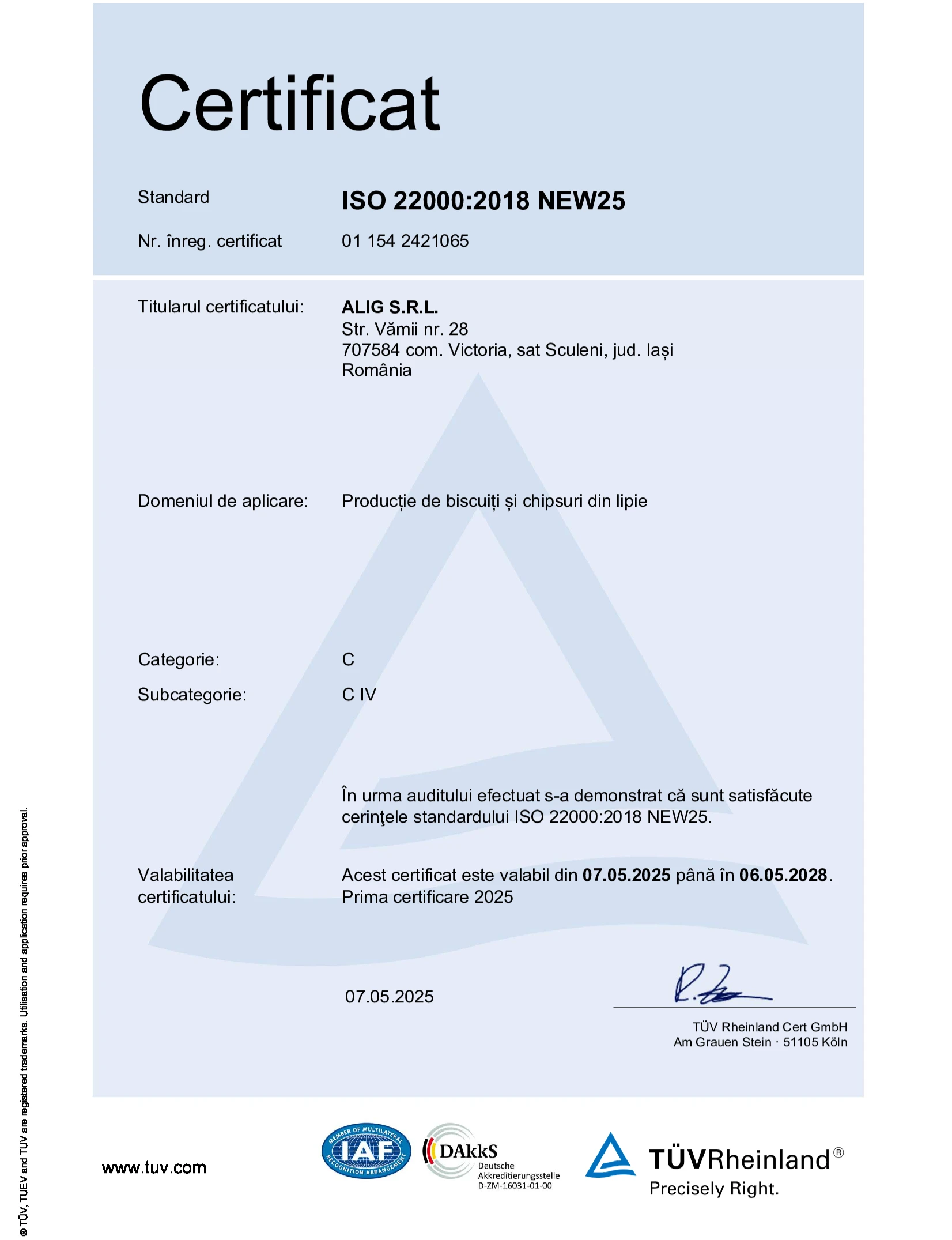 Certificat de calitate Colibri - ALIG SRL